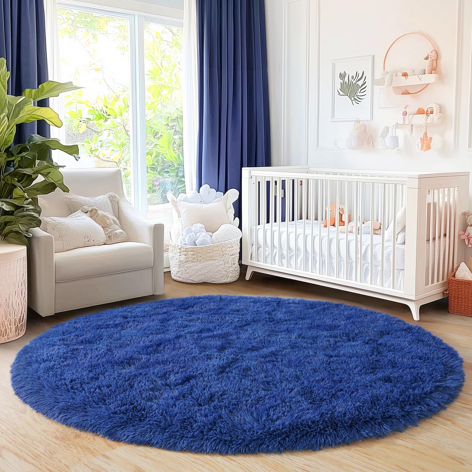 Quntue 5'x5' Blue Round Rug for Bedroom, Ultra Soft Fluffy Circle Rug for Kids Girls Boys Room, Cute Shag Rugs for Living Room Playroom Teen Room Home Decor Rug