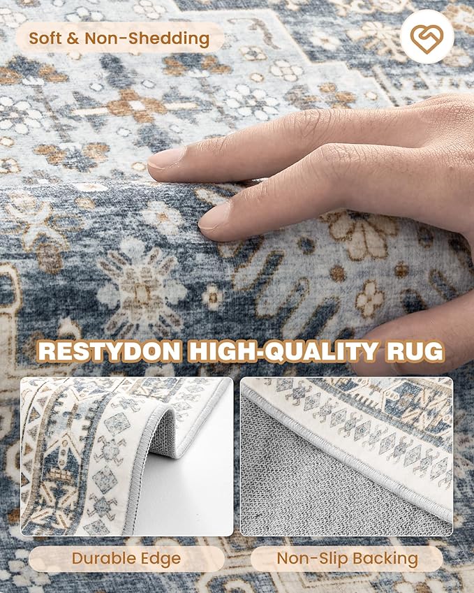 Carpet Runners for Hallway 12ft, Non-Slip Long Bathroom Rugs Runner for Kitchen, Bedroom, Soft Vintage Washable Rug for Entryway, Thin Floor Mat for Dining Room(Blue/Beige,2.5'x12')