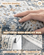 Runner Rug 2x8 Runners for Hallways Non Slip Washable, Vintage Hallway Runner Rugs for Living Room, Low Pile Soft Hallway Rug for Kitchen Bedroom Laundry Room(Blue/Beige,2'x8')