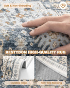 Restydon 3x10 Runner Rug Non Slip Washable Hallway Runner, Blue/Beige