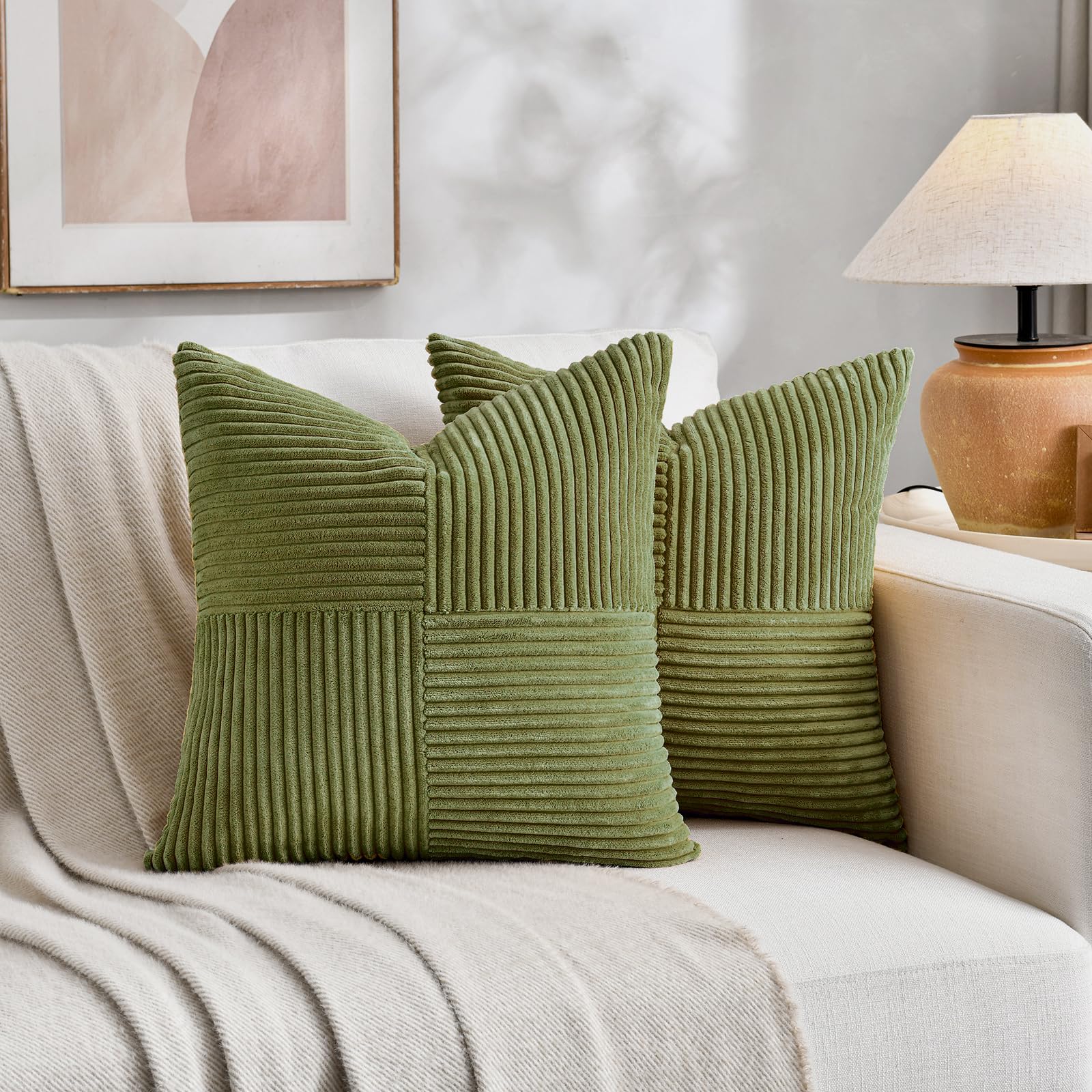 Fancy Homi 2 Packs Moss Green Samll Decorative Throw Pillow Covers 14x14 Inch with for Couch Bed Sofa, Rustic Farmhouse Boho Home Decor, Soft Corss Patchwork Corduroy Square Cushion Case 35x35 cm