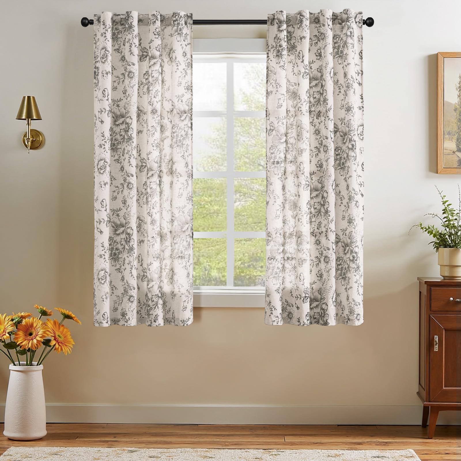 jinchan Black Floral Linen Curtains 63 Inch Farmhouse Back Tab 2 Panels