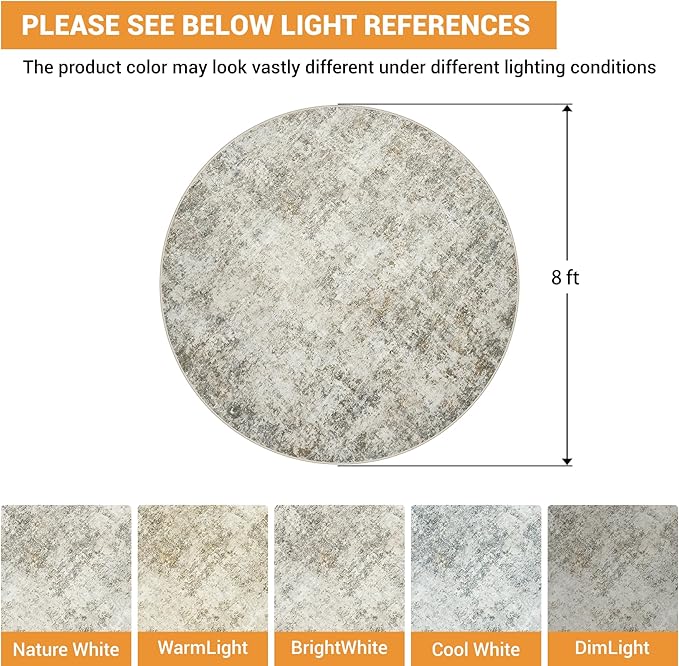 Aelenmu Round Rug 8ft Washable Rug for Dining Room Living Room Beige Brown