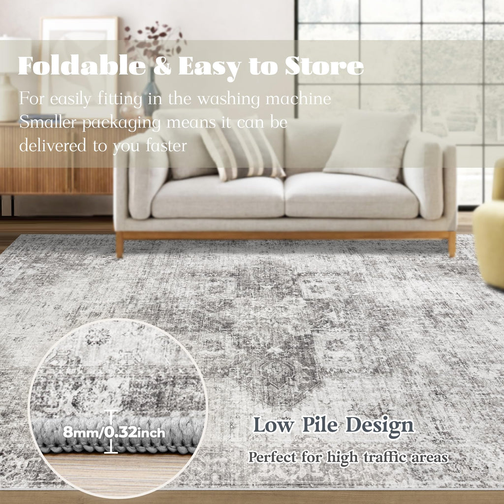 VECARF Area Rug 6x9 Washable Rug, Vintage Boho Medallion Rugs Non-Slip Soft Low Pile Large Distressed Rug Indoor Retro Carpet for Living Room Bedroom Dining Room Home Office (Grey, 6'x9')