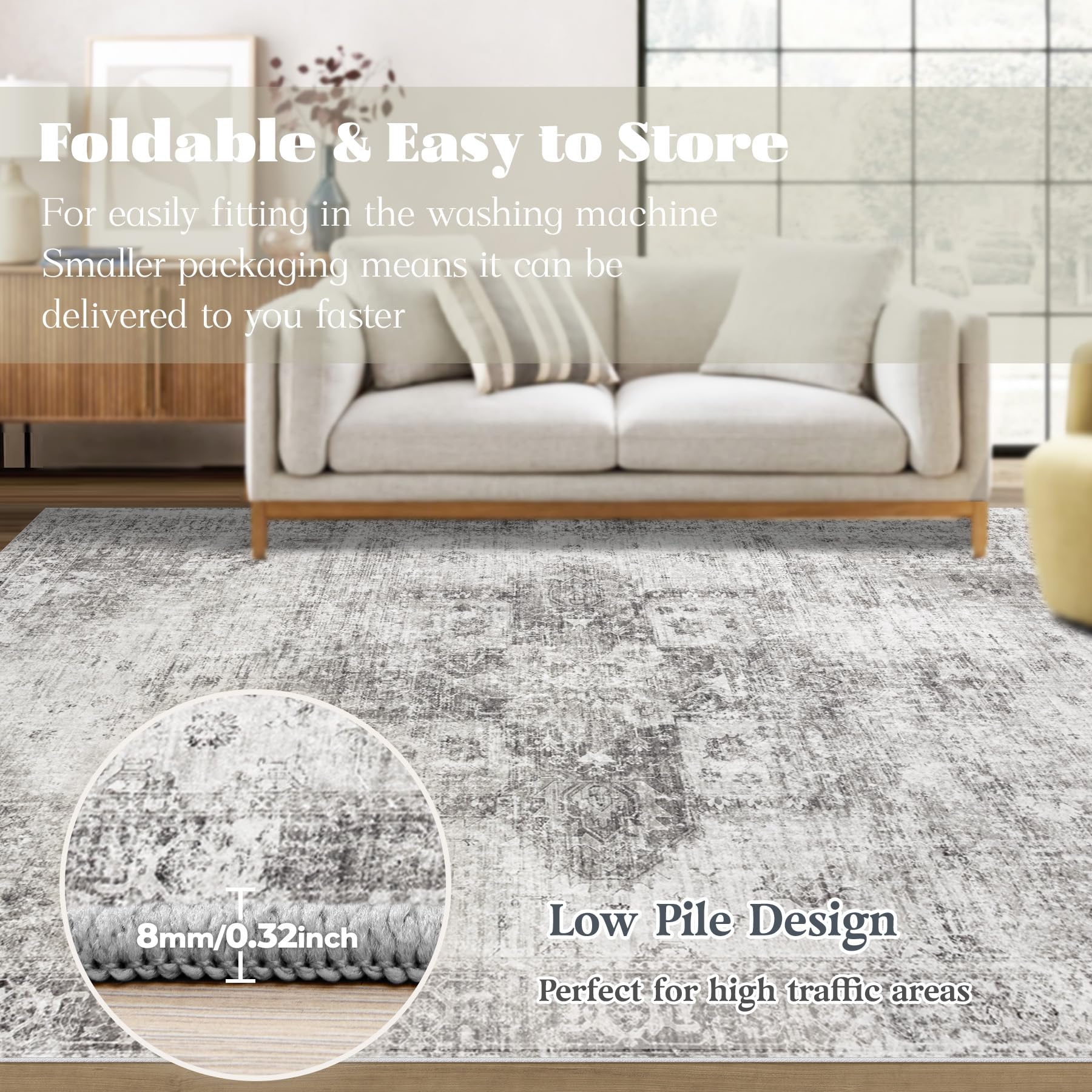VECARF Area Rug 6x9 Washable Rug, Vintage Boho Medallion Rugs Non-Slip Soft Low Pile Large Distressed Rug Indoor Retro Carpet for Living Room Bedroom Dining Room Home Office (Grey, 6'x9')