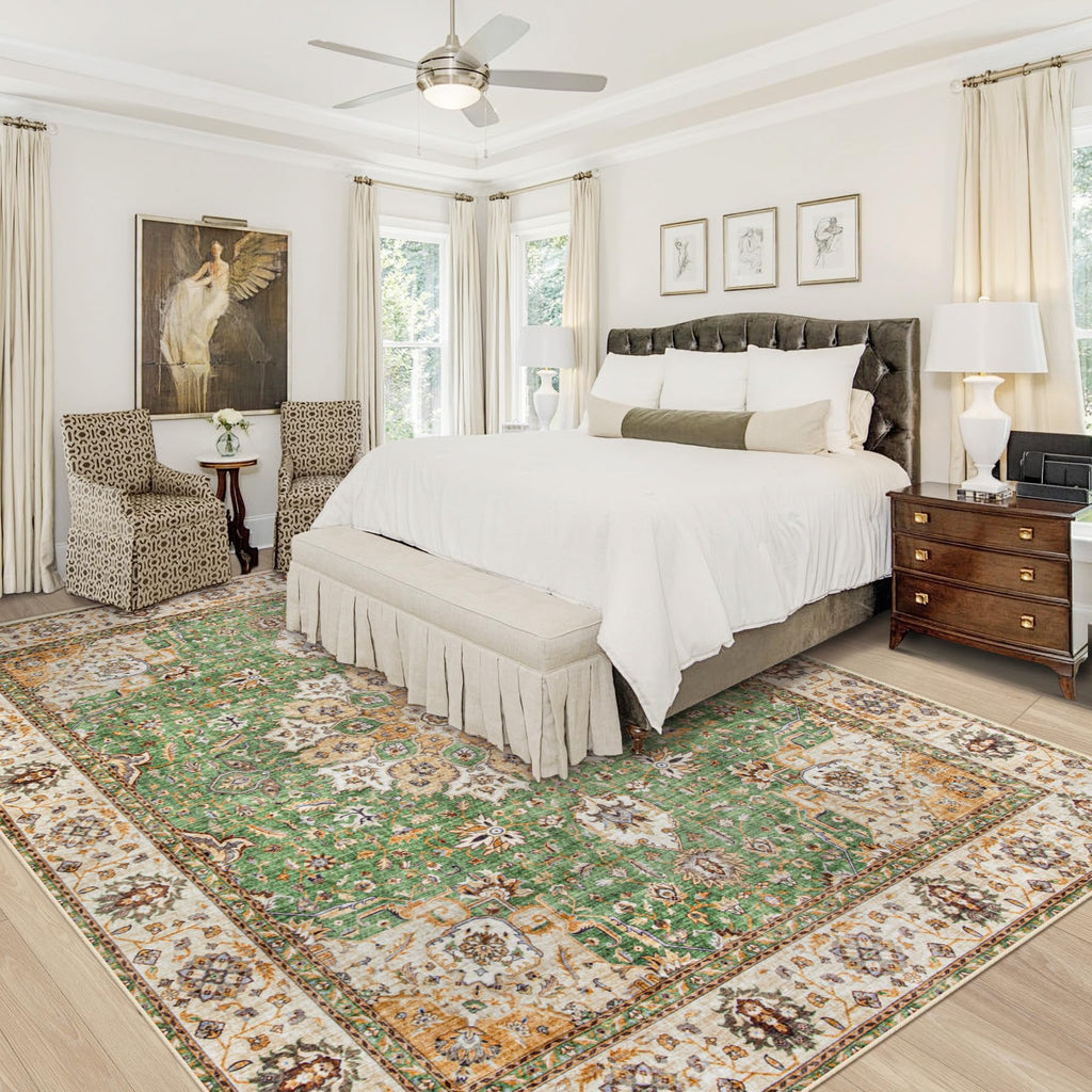 VECARF Area Rug 9x12 Washable Rug, Vintage Boho Medallion Rugs Non-Slip Soft Low Pile Large Distressed Rug Indoor Retro Carpet for Living Room Bedroom Dining Room Home Office (Vintage Green, 9'x12')