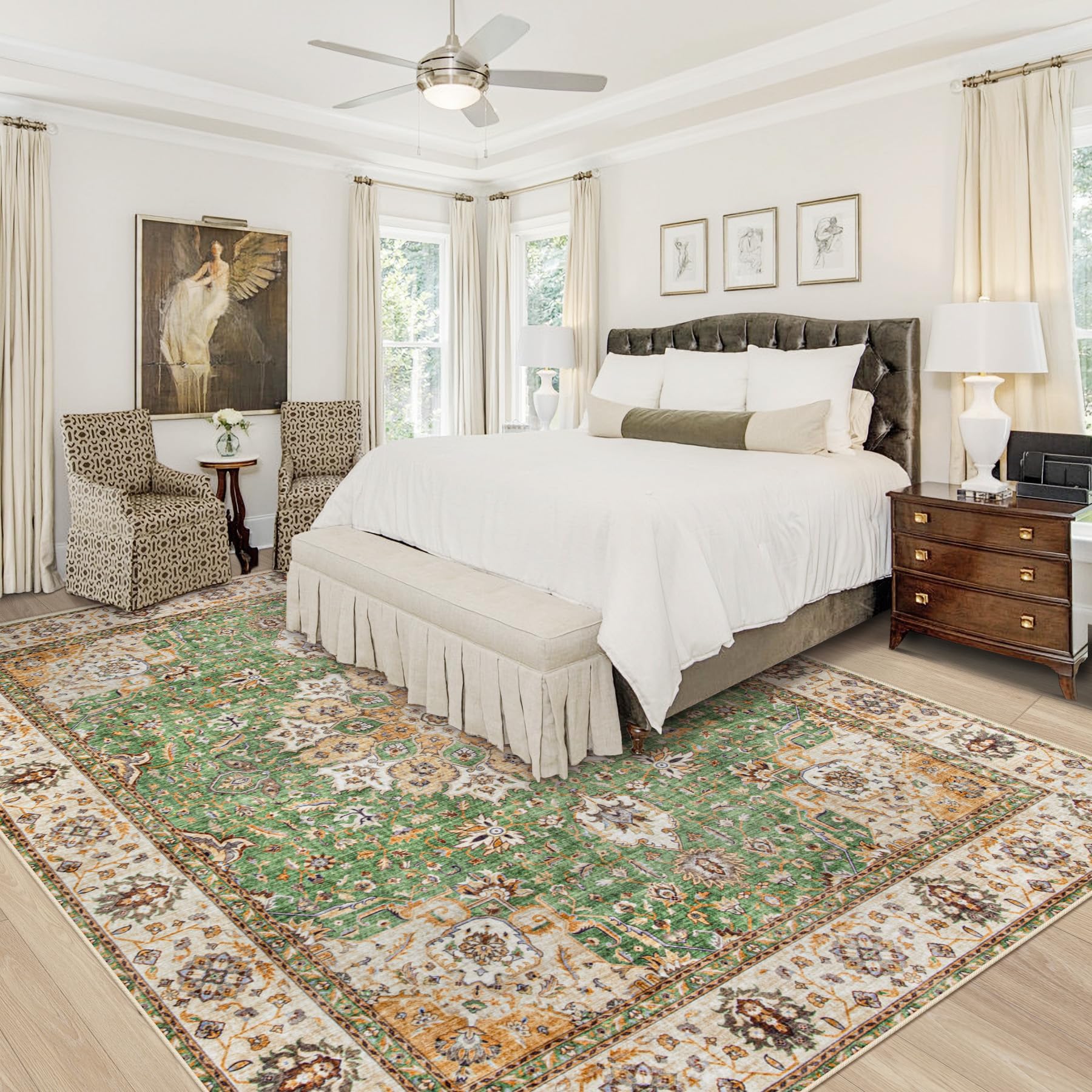 VECARF Area Rug 9x12 Washable Rug, Vintage Boho Medallion Rugs Non-Slip Soft Low Pile Large Distressed Rug Indoor Retro Carpet for Living Room Bedroom Dining Room Home Office (Vintage Green, 9'x12')
