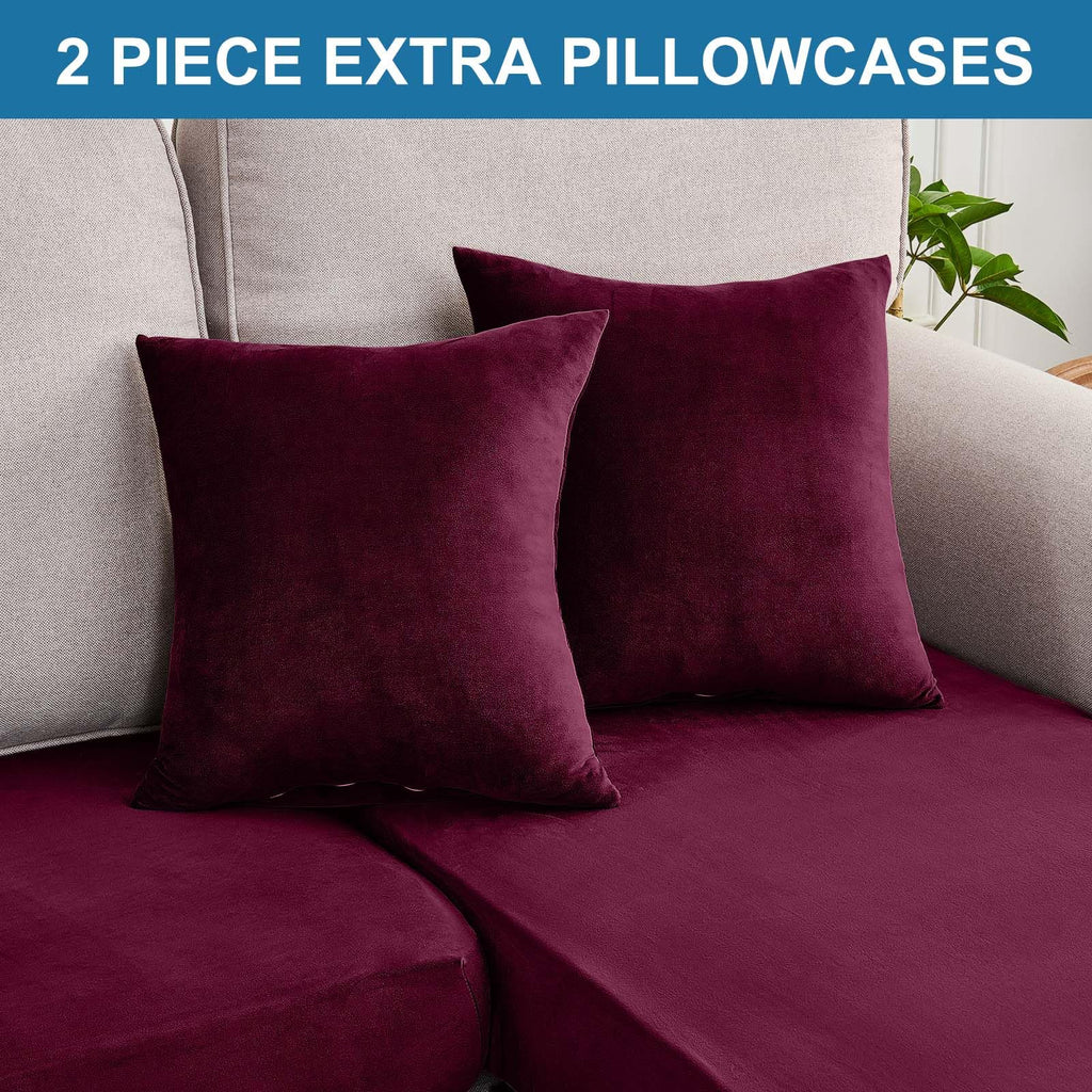 Taque Couch Cover 6-Piece Elastic Velvet Couch Cushion Covers & Chaise Slipcovers for L-Shaped Sofas, Sofa Seat Covers Washable, Soft Cover for Couches (5 Seater + Chaise, Wine)