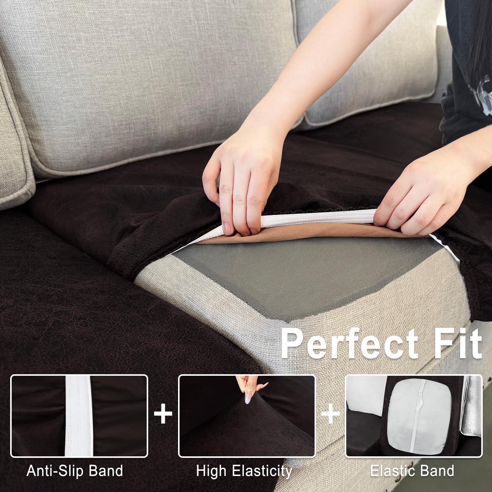 ANARACHON Leather Look Couch Cushion Covers Sofa Seat Slipcovers Sets Couches Furniture Protector for Sectional Armchair Loveseat Pets Kids Stretch Spandex Fabric (1 Cushion Loveseat, Chocolate)