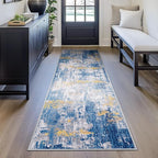Washable Area Rugs 2'x10' Non-Slip Modern Abstract Soft for Living Room Entryway Bedroom Nursery, Print Pattern, Grey Blue Gold/Golden