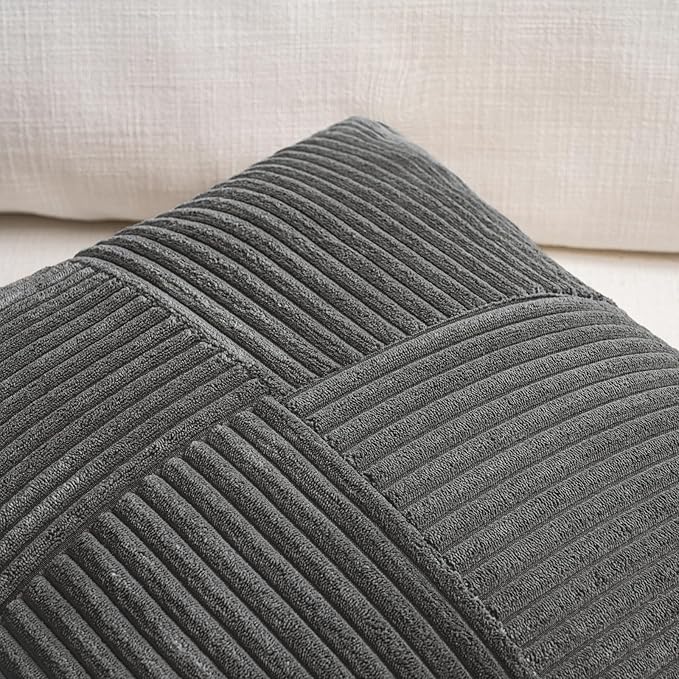 Fancy Homi 2 Packs Dark Gray Lumbar Decorative Throw Pillow Covers 16x26 Inch for Livingroom Couch, Rustic Farmhouse Boho Home Decor, Soft Striped Corduroy Rectangle Accent Peach Cushion Case 65x40 cm