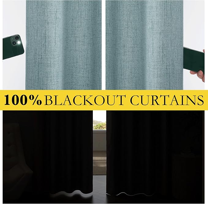 NICETOWN 100% Absolutely Blackout Linen Curtains with Thermal Insulated Liner, Skylark Blue, 62" Wide, 95" Length Energy Saving Curtains for Living Room 2 Panels Set, Vertical Blinds