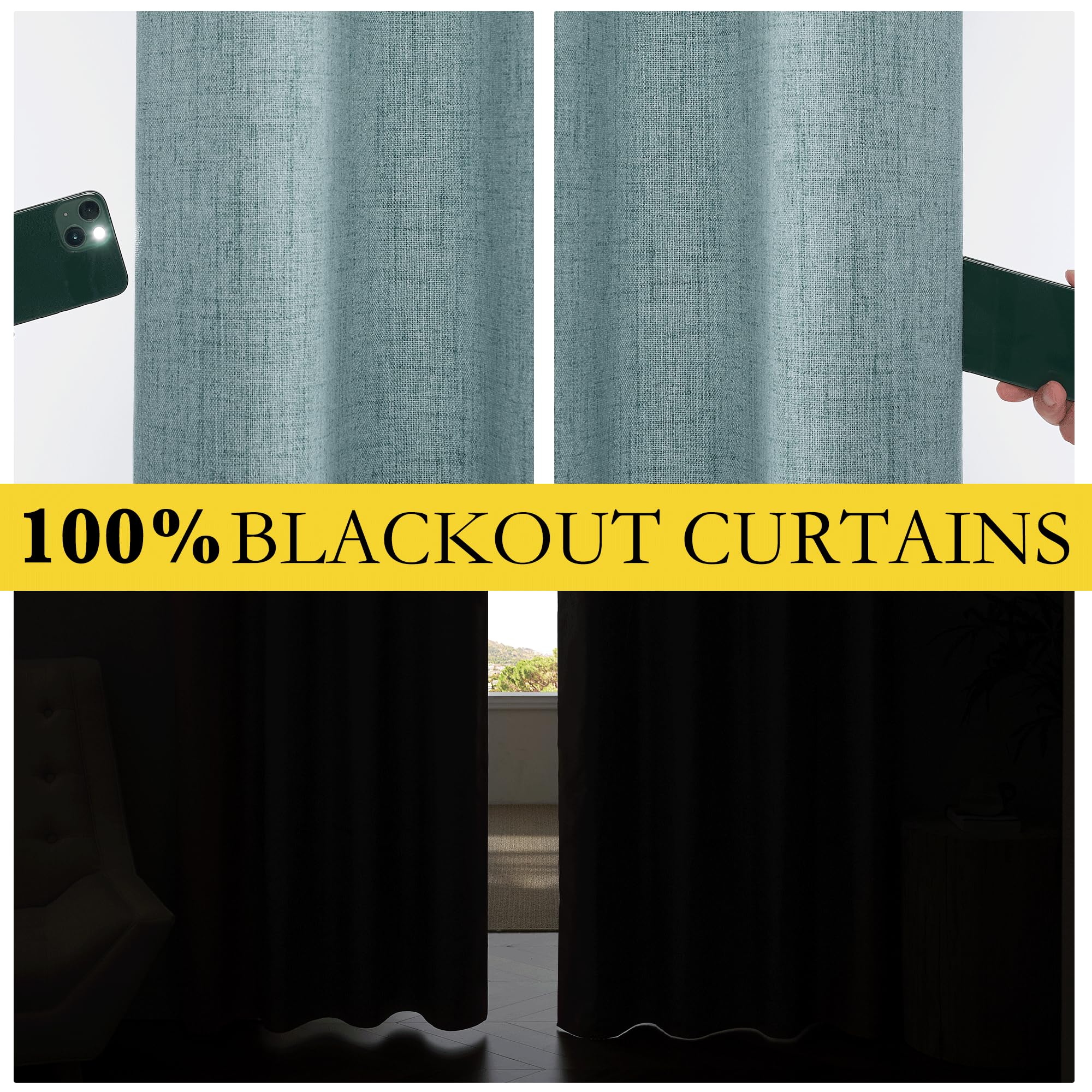 NICETOWN 100% Absolutely Blackout Linen Curtains with Thermal Insulated White Liner, Skylark Blue, 52 inches Wide, 95 inches Length Energy Saving Curtains for Living Room 2 Panels Set, Vertical Blinds