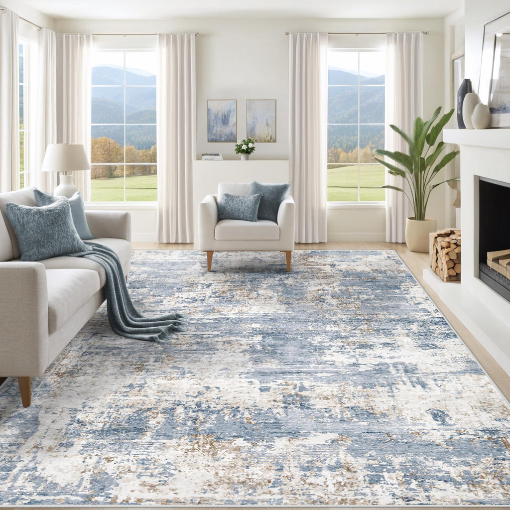 XLUEZ 10x14 Area Rugs for Living Room, Washable Modern Abstract Large Area Rug Neutral Soft Non Slip Kids Rug Stain Resistant Indoor Carpet for Bedroom Dining Room Playroom Home Office(Blue, 10'x14')