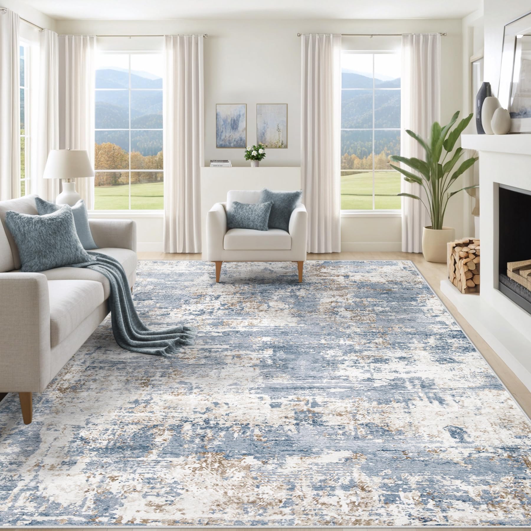 XLUEZ 10x14 Area Rugs for Living Room, Washable Modern Abstract Large Area Rug Neutral Soft Non Slip Kids Rug Stain Resistant Indoor Carpet for Bedroom Dining Room Playroom Home Office(Blue, 10'x14')