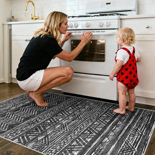 2x4 Runner Rug Washable Moroccan: Non Slip Entryway Throw Rugs Black