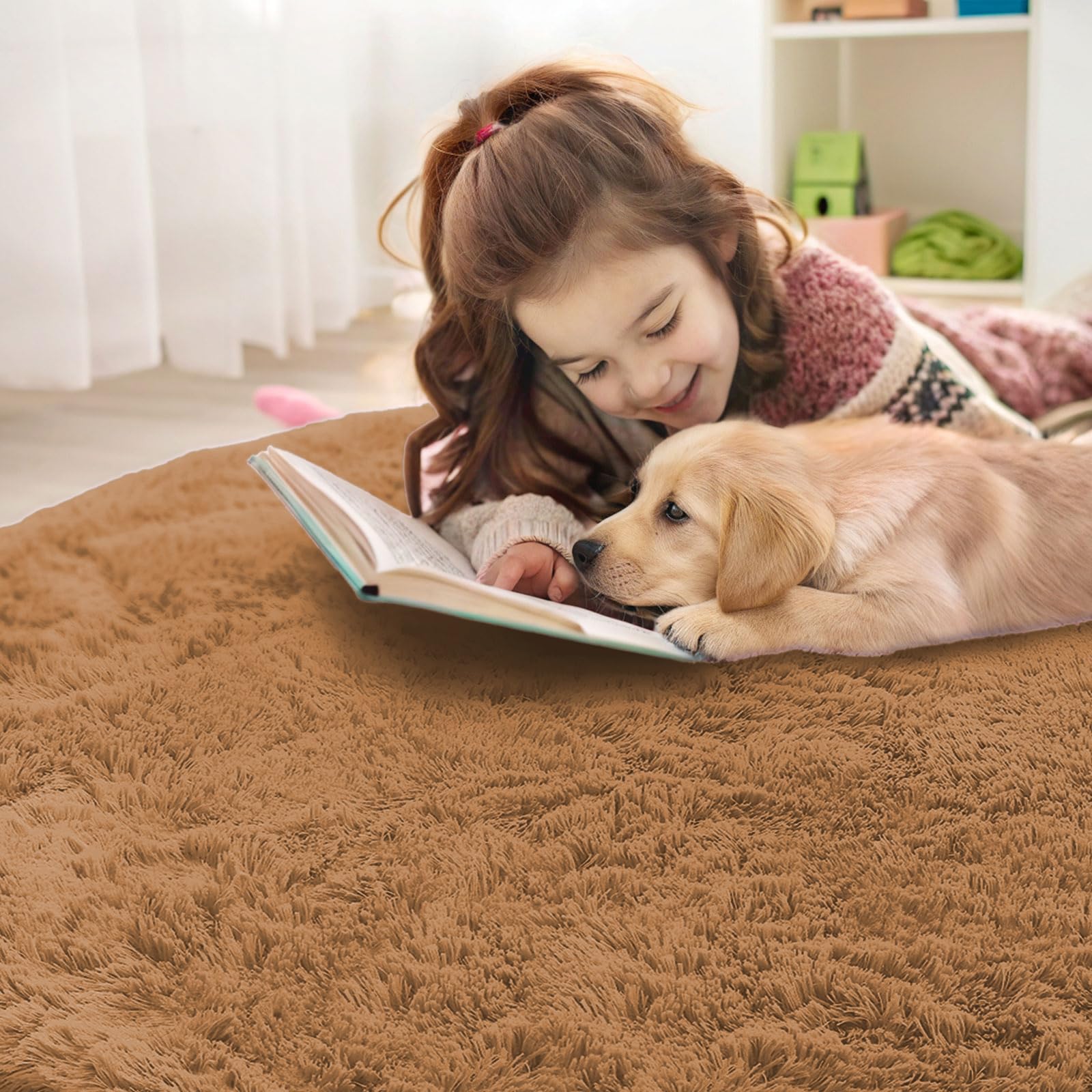 OLANLY Khaki Round Rugs for Bedroom - Machine Washable, 7 ft Circle Area Rugs for Living Room, Soft and Fluffy Shaggy Carpet for Teen Girl and Boys, Nursery Rooms, Dorms, Home Decor Aesthetic