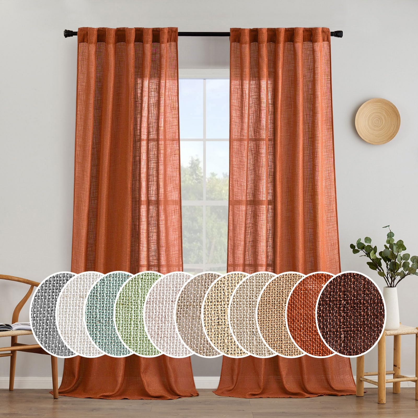 MIULEE Rust Fall Linen Curtains 52x96 Inch 2 Panels for Bedroom Living Room