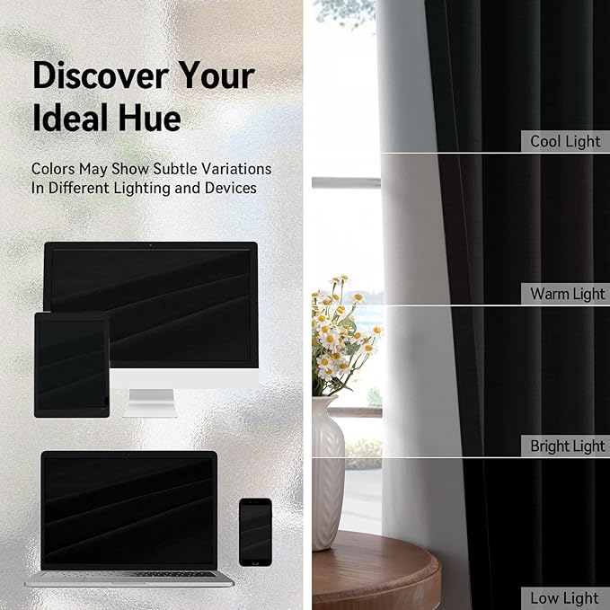 100% Blackout Shield Linen Blackout Curtains for Bedroom, Black Grommet Curtains for Living Room, Thermal Insulated Room Darkening Drapes for Nursery, Boho Home Decor, 50" W x 84" L, 2 Panels