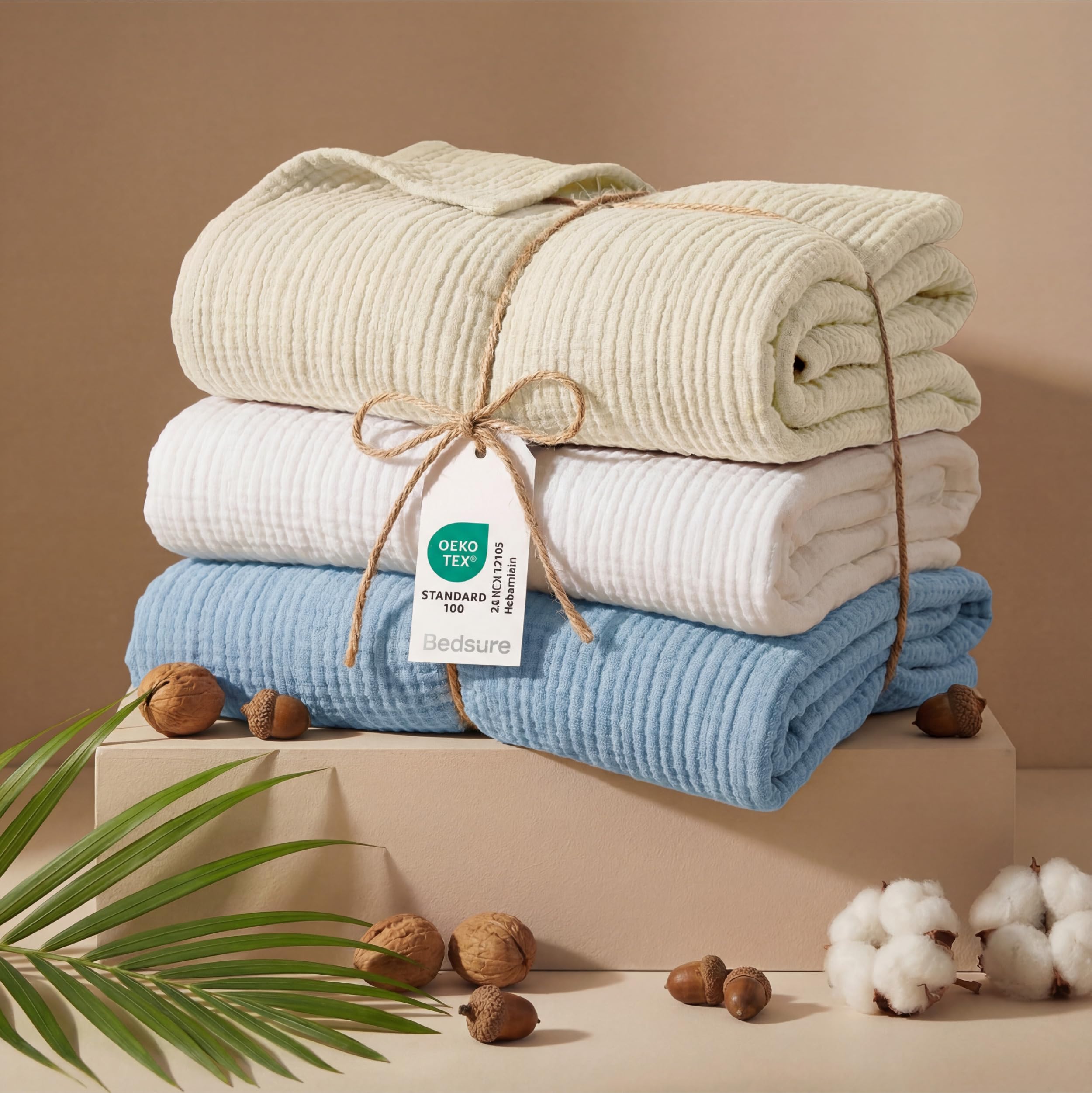 Bedsure 100% Cotton Muslin Throw Blanket Twin XL for Bed - 4-Layer Breathable and Lightweight Soft Gauze Muslin Blankets for Adults, PureWoven Thin Summer Blanket for College Dorm, Blue, 66x90 Inches