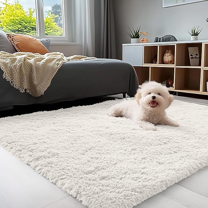 OLANLY 4x5 Machine Washable Accent Rug, Soft Fluffy Shaggy Area Rug for Bedroom, Living Room, Indoor Floor Carpet for Kids, Nursery, Home Decor, Ivory