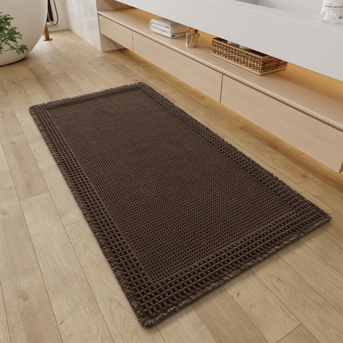 RESARE Waffle Bathroom Runner Rugs, Non Slip Boho Bath Mat 24"x60" Green