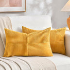 Fancy Homi 2 Packs Gold Yellow Lumbar Decorative Throw Pillow Covers 20x28 Inch for Couch Bed Sofa, Rustic Farmhouse Boho Spring Home Decor, Soft Striped Corduroy Rectangle Accent Cushion Case 50x70cm