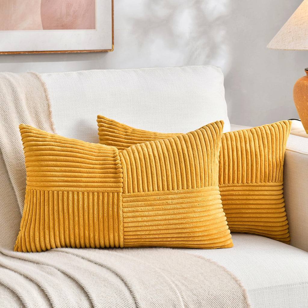 Fancy Homi 2 Packs Gold Yellow Lumbar Decorative Throw Pillow Covers 20x28 Inch for Couch Bed Sofa, Rustic Farmhouse Boho Spring Home Decor, Soft Striped Corduroy Rectangle Accent Cushion Case 50x70cm