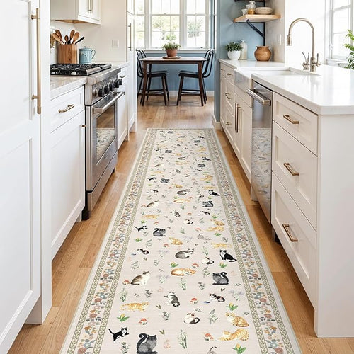 2x10 Washable Hallway Runner Rug: Floral Cat Print Low Pile Rug LightBeige