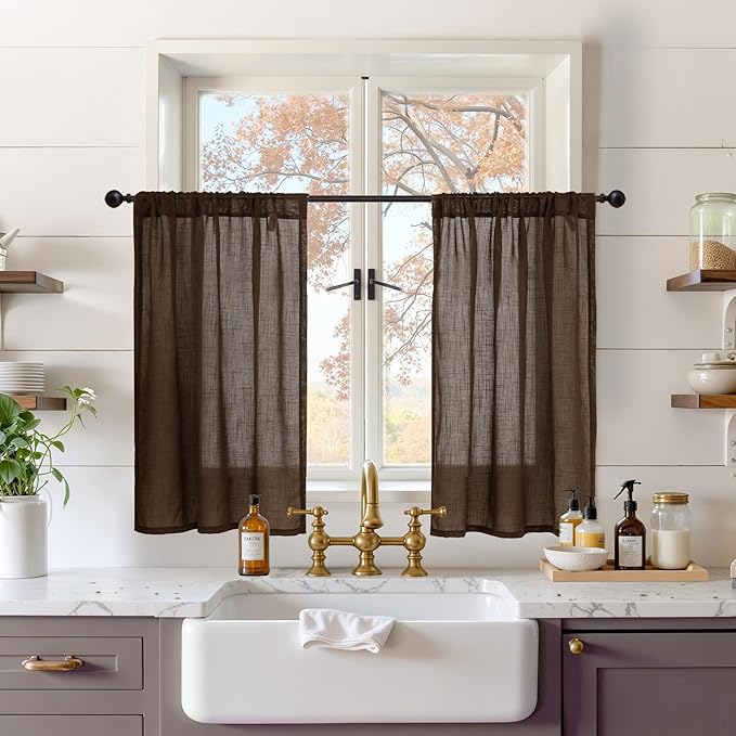 BGment Brown Linen Short Curtains 36 Inch Length for Window, Small Sheer Drapes for Kitchen Cafe Over Sink Bathroom Decor Lightweight Rustic Country Textured Rod Pocket, 2 Panels, Each 30 Inch Wide