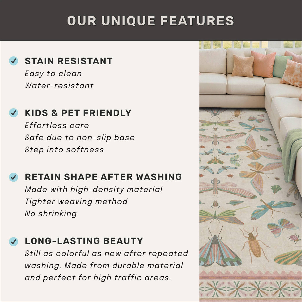 3x5 Flower Area Rug for Girls Bedroom - Washable Light Pink Large Entryway Rug for Laundry Room, Kitchen, Bedroom, Dorm, Insect Print Vintage Floral Non-Slip Throw Rug Low Pile Stain Resistance