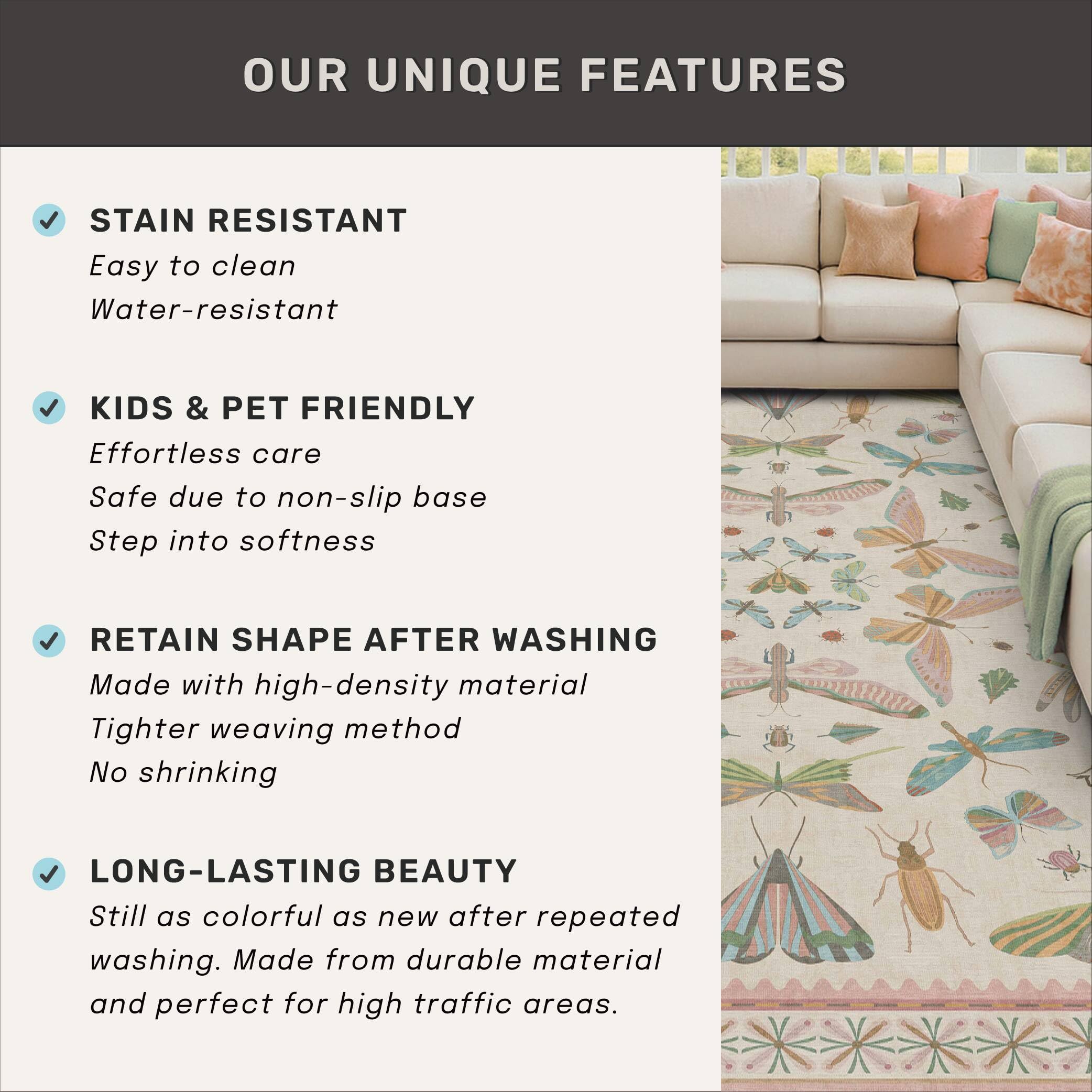 3x5 Flower Area Rug for Girls Bedroom - Washable Light Pink Large Entryway Rug for Laundry Room, Kitchen, Bedroom, Dorm, Insect Print Vintage Floral Non-Slip Throw Rug Low Pile Stain Resistance