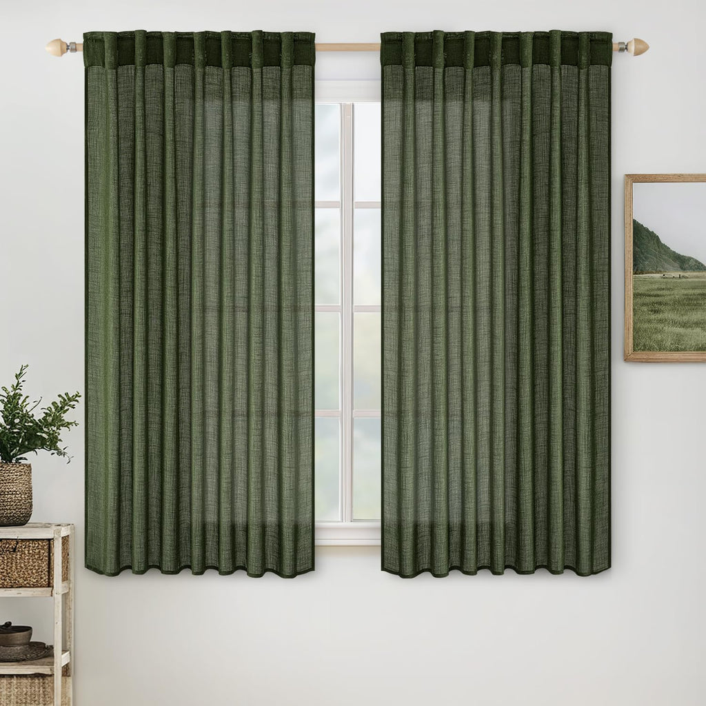 MIULEE Olive Green Short Linen Curtains 52x45 Inch Long 2 Panel for Kitchen