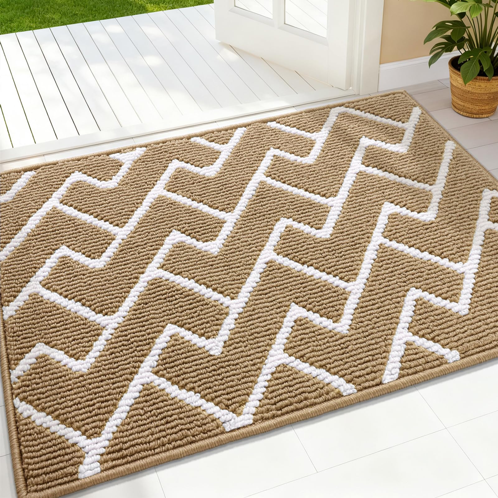 OLANLY Front Door Mat, Non-Slip Rubber Backing, Dirt Resistant and Absorbent, Washable, Easy to Clean Low-Profile Indoor Doormat for Back Door, Entryway, Inside Entrance, 32x20, Beige