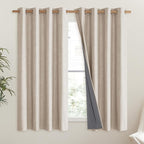 NICETOWN Cream Linen Complete Blackout Curtains 48 inches for Kids Room, 2 Panels, Thermal Insulated & Noise Reducing Window Draperies with Grey Liner, Noise Reducing Short Drapes