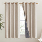 NICETOWN Cream 100% Blackout Short Curtains 63 inches Lenghth Burg for Kitchen, 2 Panels, Burlap Linen Drapes with Thermal Insulated Grey Liner, Keeping Out Cold Air and Heat Panels