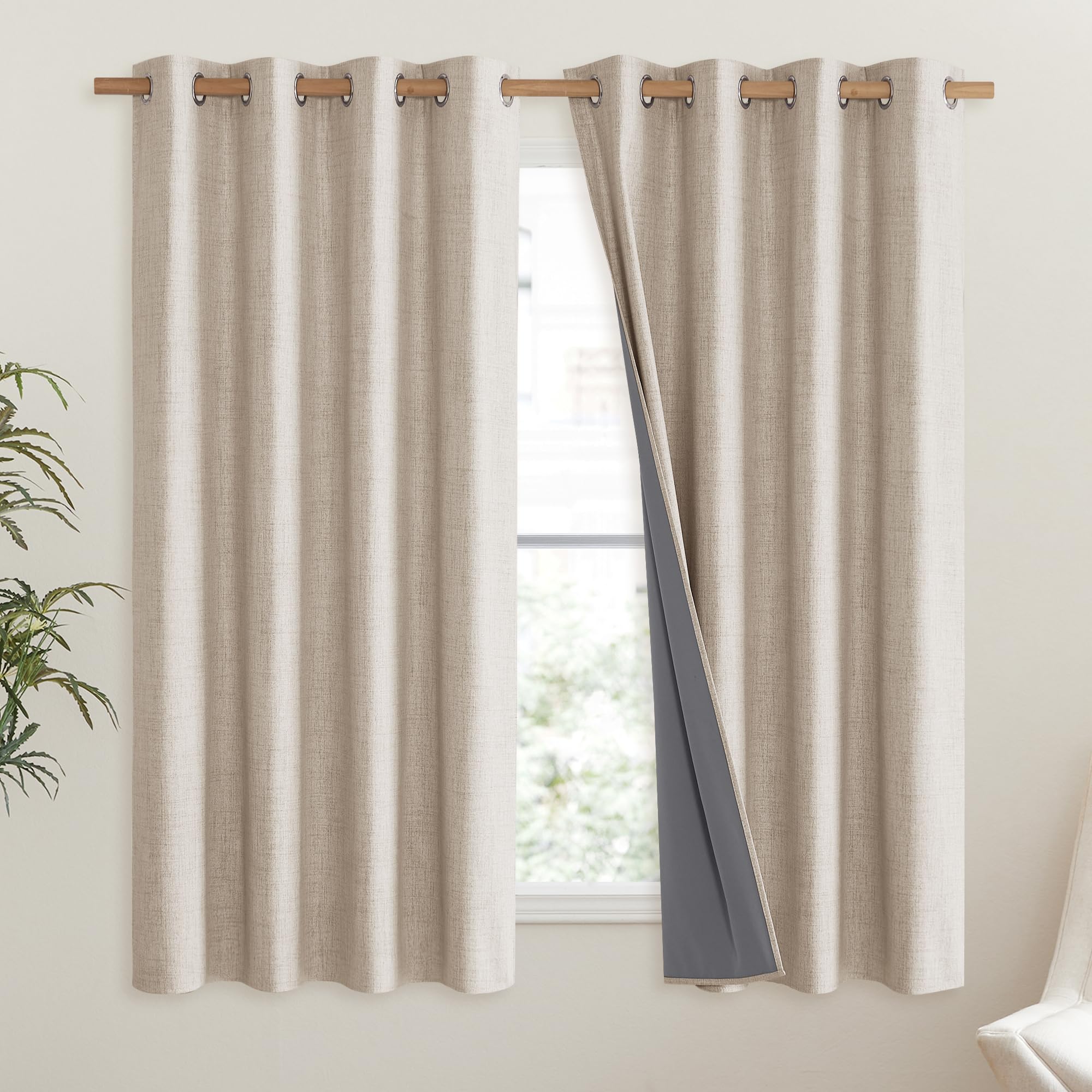 NICETOWN Cream 100% Blackout Short Curtains 63 inches Lenghth Burg for Kitchen, 2 Panels, Burlap Linen Drapes with Thermal Insulated Grey Liner, Keeping Out Cold Air and Heat Panels