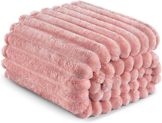 Exclusivo Mezcla Queen Size Flannel Fleece Blanket, Super Soft Striped Jacquard Bed Blanket, Lightweight Fuzzy Cozy for All Seasons, 90x90 Inches, Pink