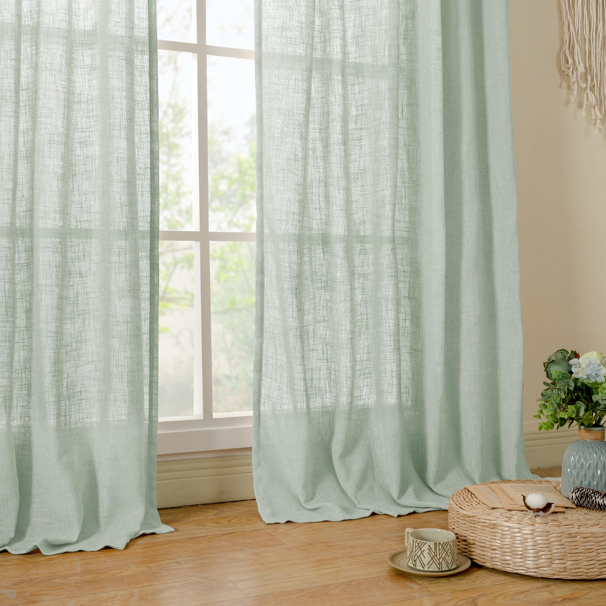 LAMIT Light Sage Linen Sheer Curtains for Bedroom 84 Inches Long, 2 Panels