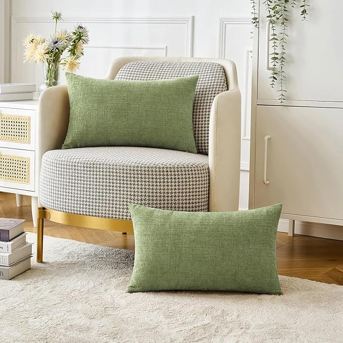 MIULEE Pack of 2 Couch Throw Pillow Covers 14x22 Inch Spring Soft Sage Green Chenille Lumbar Pillow Covers for Sofa Living Room Solid Dyed Cases