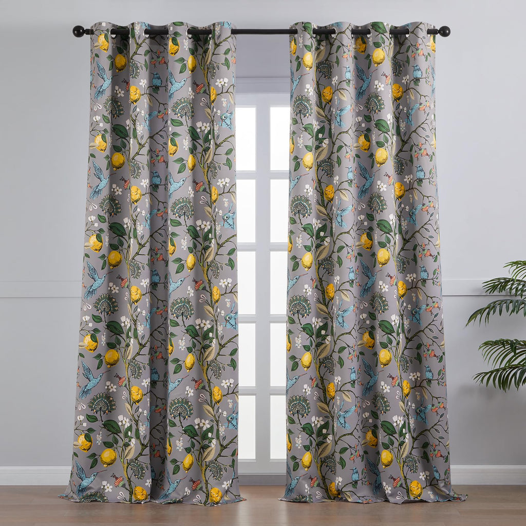 Topfinel Black Dark Floral Grey Blackout Curtains, Gray Decorative French Country Grommet Dark Academia Antique Decor Hummingbird Window Covering for Living Room Bedroom Dining,84 Inch Length