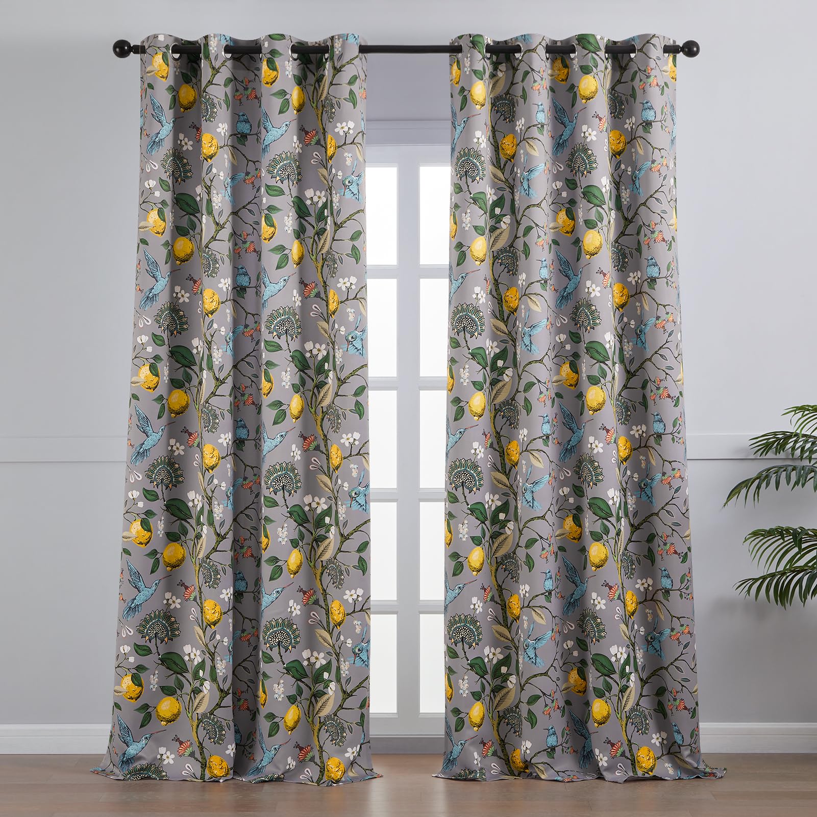 Topfinel Black Dark Floral Grey Blackout Curtains, Gray Decorative French Country Grommet Dark Academia Antique Decor Hummingbird Window Covering for Living Room Bedroom Dining,84 Inch Length