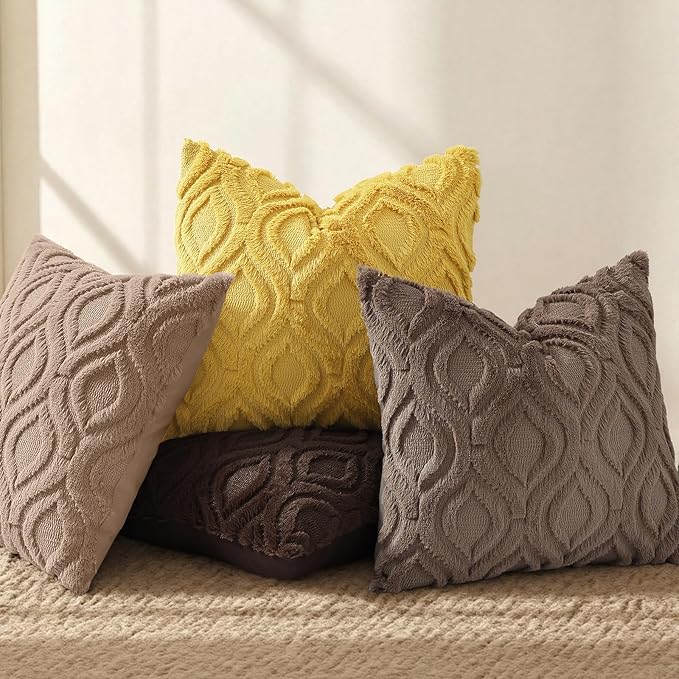 decorUhome Throw Pillow Covers 16x16 Inch Set of 2, Soft Plush Faux Wool Brown Solid Couch Pillow Covers, Accent Farmhouse Neutral Square Pillow Cases for Sofa Bed Living Room