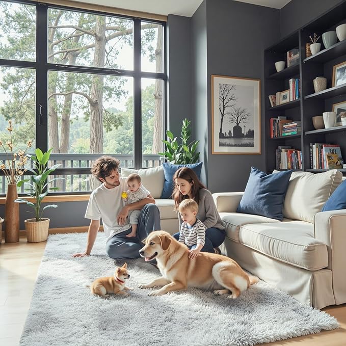 Rugs for Living Room 6x9, Alfombras para Salas Shag Large Plush Soft Area Rug, Shaggy Carpets for Bedroom, Kids Boys Girls Home Decor Aesthetic (Light Grey Tie-Dyed, 6x9 Feet)