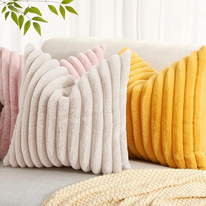 decorUhome Fall Faux Fur Throw Pillow Covers 18x18 Set of 2 Beige