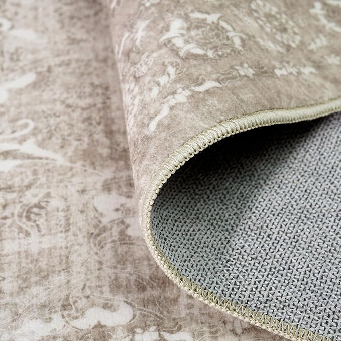 4x8 Washable Hallway Runner Rug - Wide Kitchen Runners Vintage Low Pile Carpet Soft Thin Floor Runner with Rubber Backing for Entryway Bedroom Living Room Home Decor (Beige)