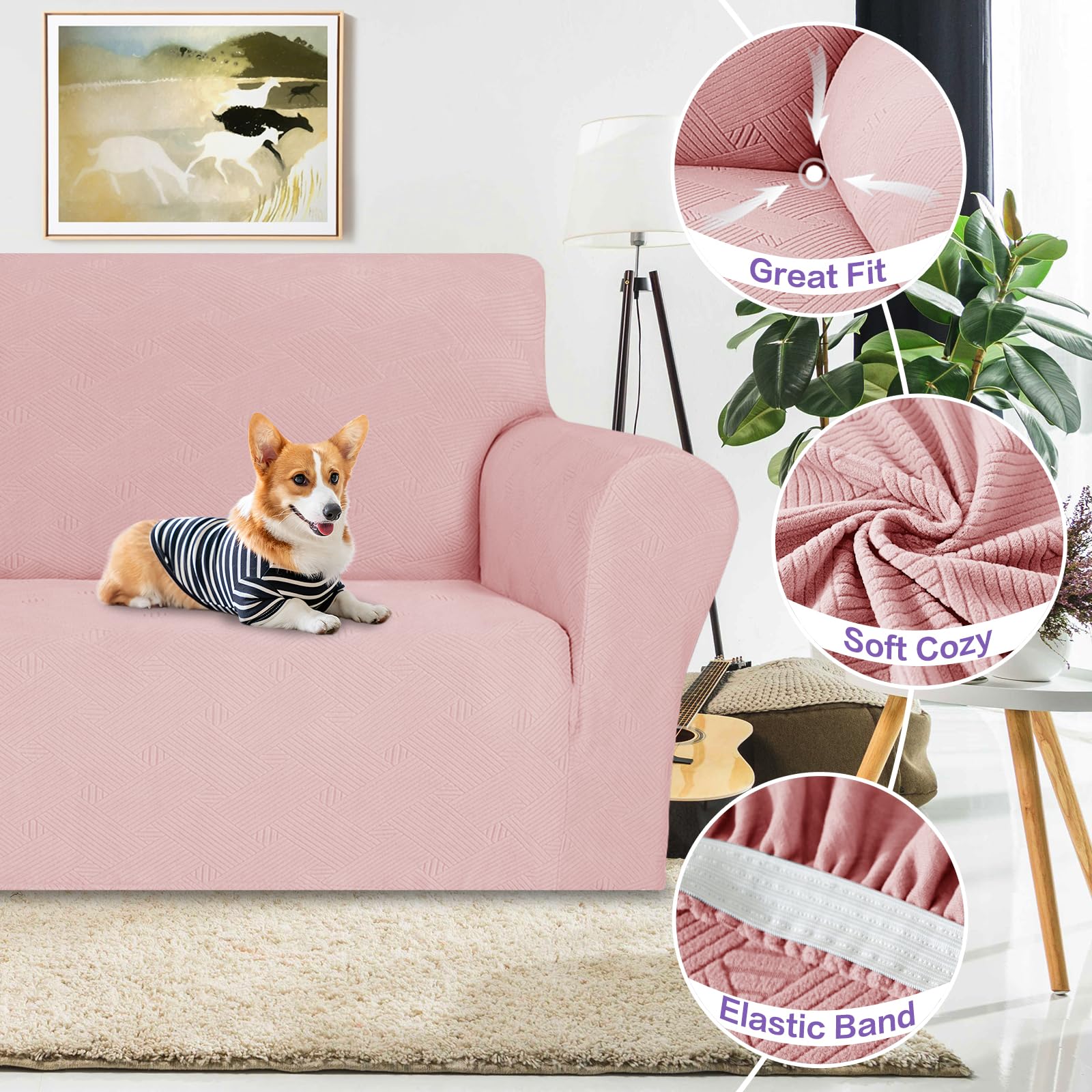 ZNSAYOTX Oversized Super Stretch Couch Cover (92"-115"), New Striped Sofa Covers Comfortable & Durable, Dog Cat Pets Friendly Extra Large Spandex Sofa Slipcovers (Rose, XL Sofa)