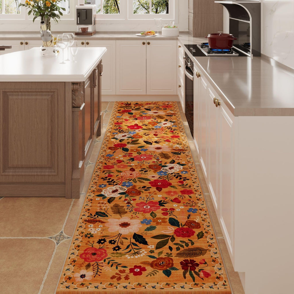 Rugcomf Runners for Hallways Kitchen Runner Rug Non Slip 2'x10' Long Washable Rugs with Rubber Backing Soft Floral Carpet Runner for Hallways, Kitchen, Laundry, Bedroom, Bathroom(Yellow)