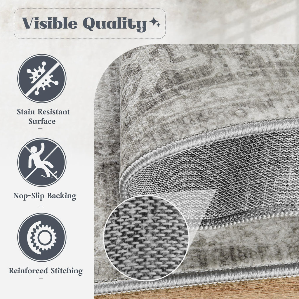 VECARF Area Rug 6x9 Washable Rug, Vintage Boho Medallion Rugs Non-Slip Soft Low Pile Large Distressed Rug Indoor Retro Carpet for Living Room Bedroom Dining Room Home Office (Grey, 6'x9')