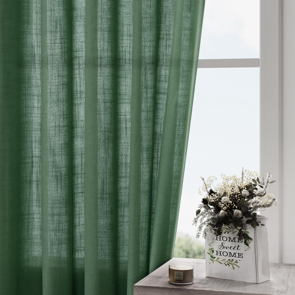 Green Semi Sheer Curtains 120 Inches Long 2 Panels Set Back Tab Loop Pocket Linen Blend Boho Large Window Curtain Extra Long Light Filtering Drapes High Ceiling Curtains for Living Room 52x120